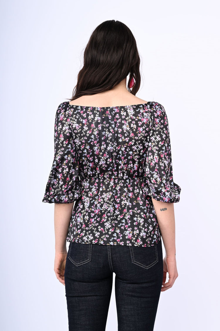 Blusa a stampa floreale con fiocco