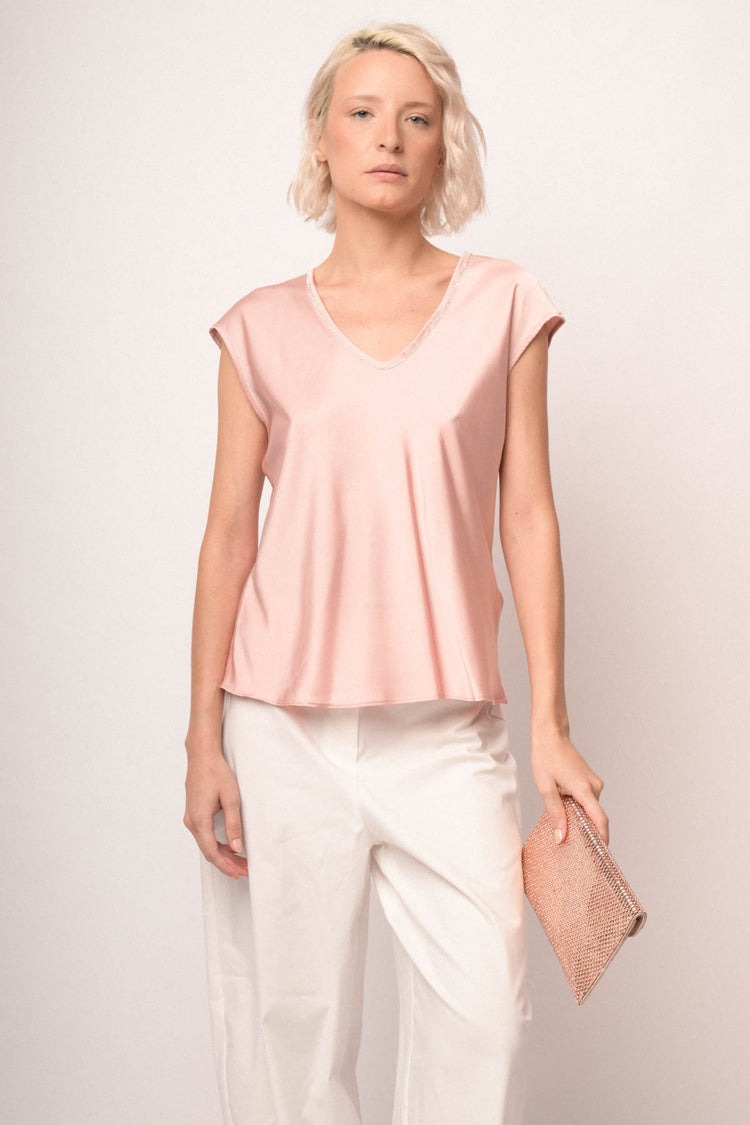 Top scollo V con strass