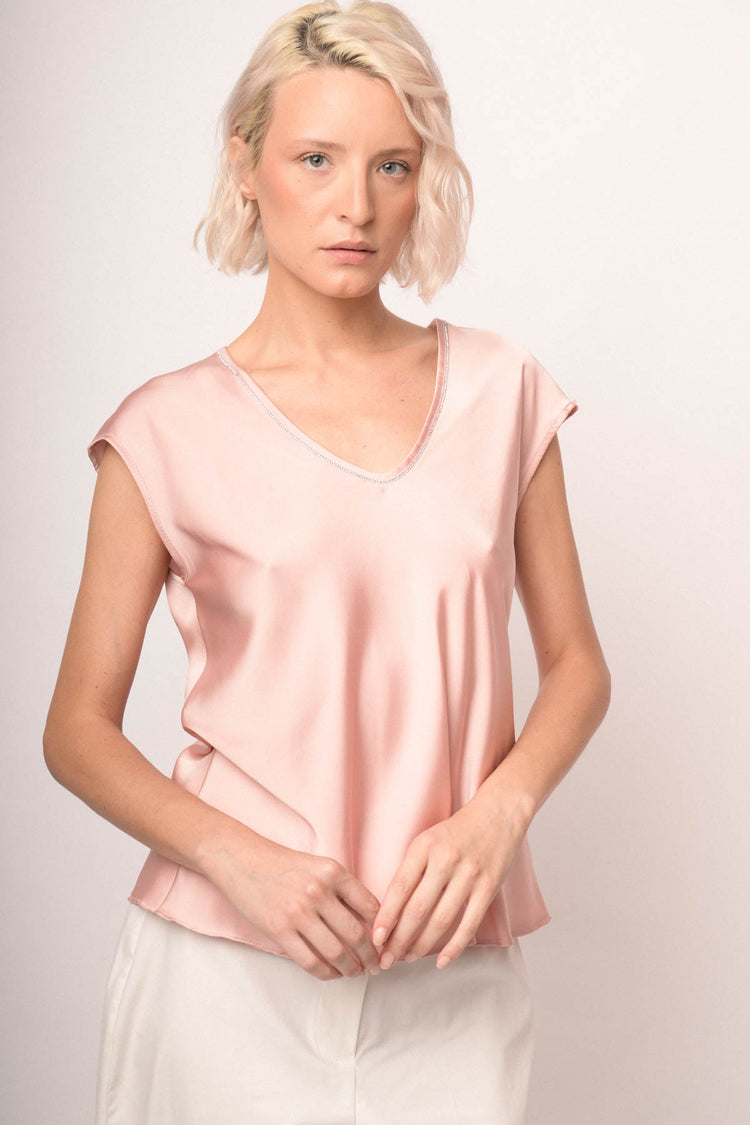 Top scollo V con strass