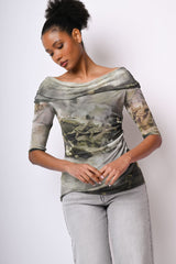 Top in tulle a stampa floreale astratta