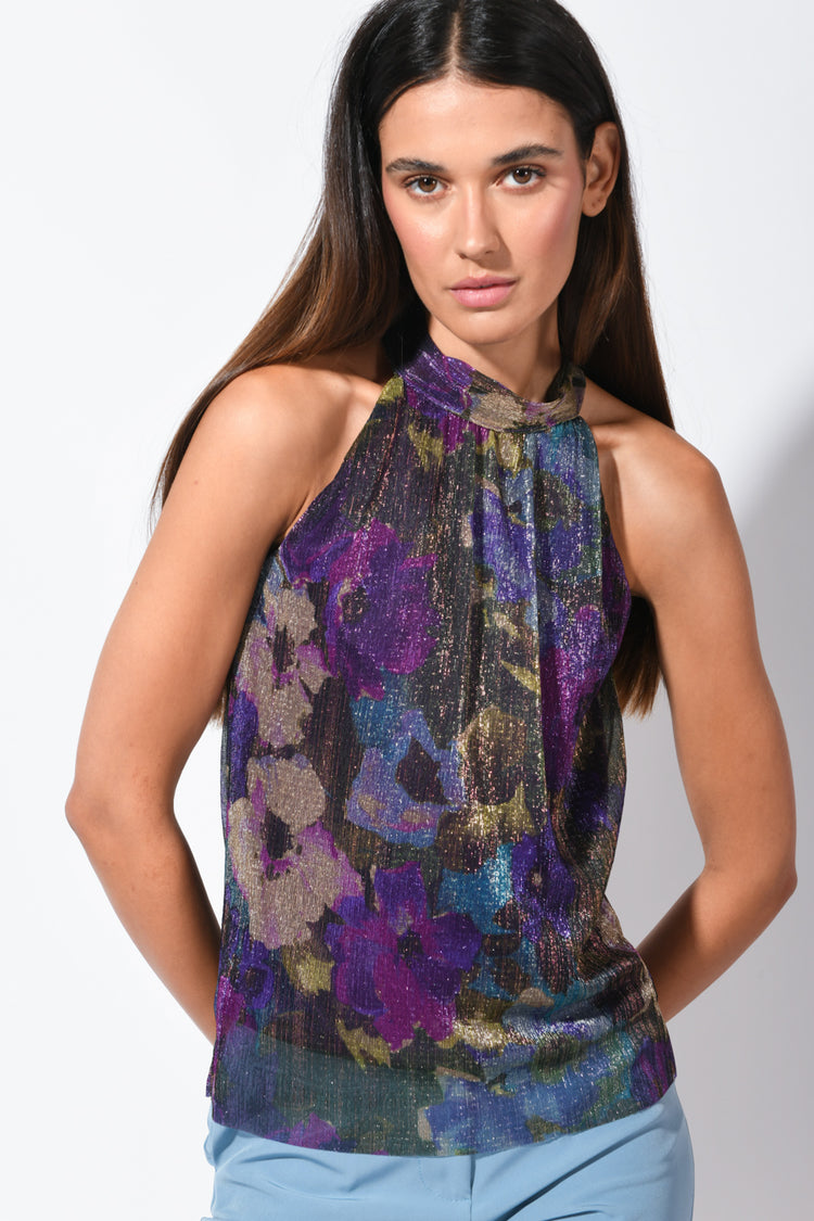 Top in lurex plissé a stampa