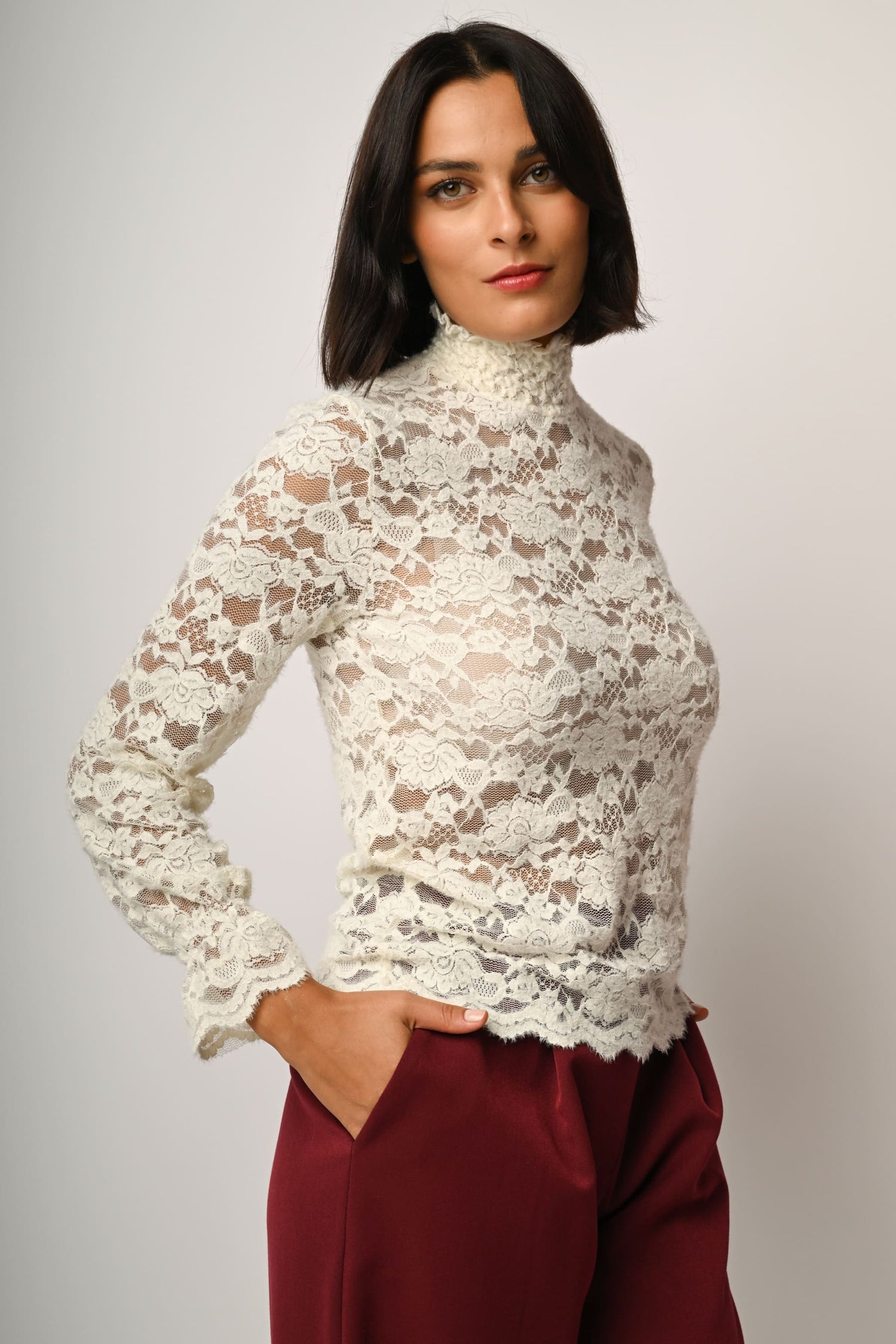 Shirt Bianca Magliette Pizzo Maniche Lunghe Maglietta Top Pizzo