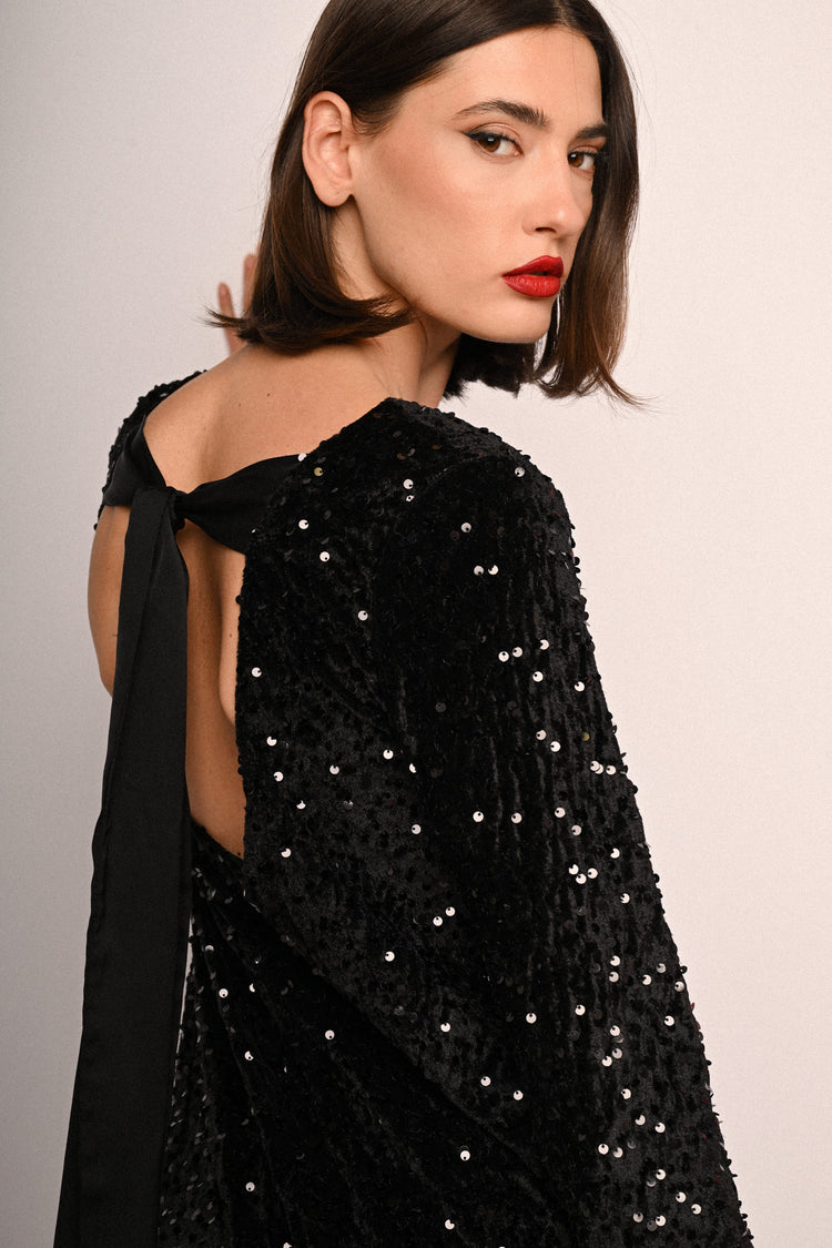 Mini abito in ciniglia con paillettes e fiocco