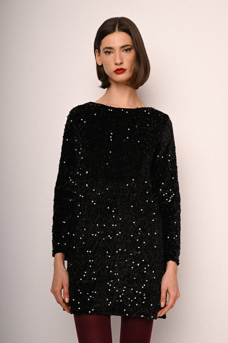 Mini abito in ciniglia con paillettes e fiocco