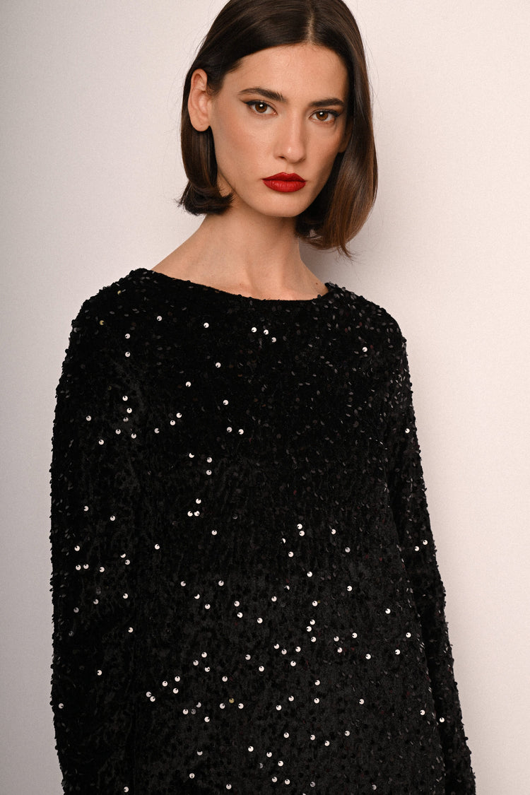 Mini abito in ciniglia con paillettes e fiocco