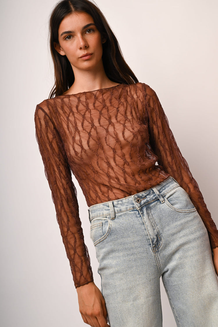 Top in tulle dévoré con scollo a barchetta