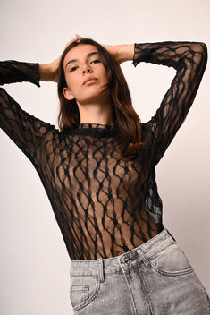 Top in tulle dévoré con scollo a barchetta