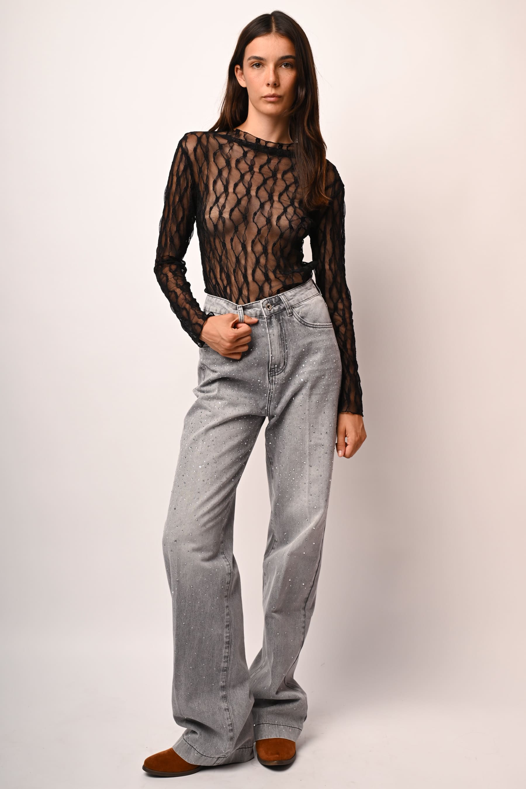 Top in tulle dévoré con scollo a barchetta