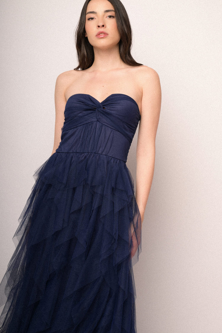 Abito lungo a bustier in tulle blu