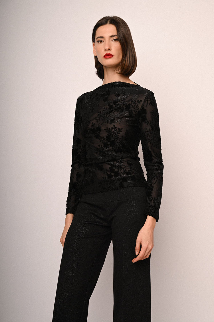 Top a maniche lunghe  in tulle e velluto devoré floreale