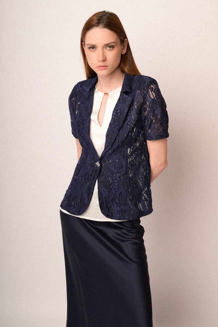 Blazer a maniche corte in pizzo blu