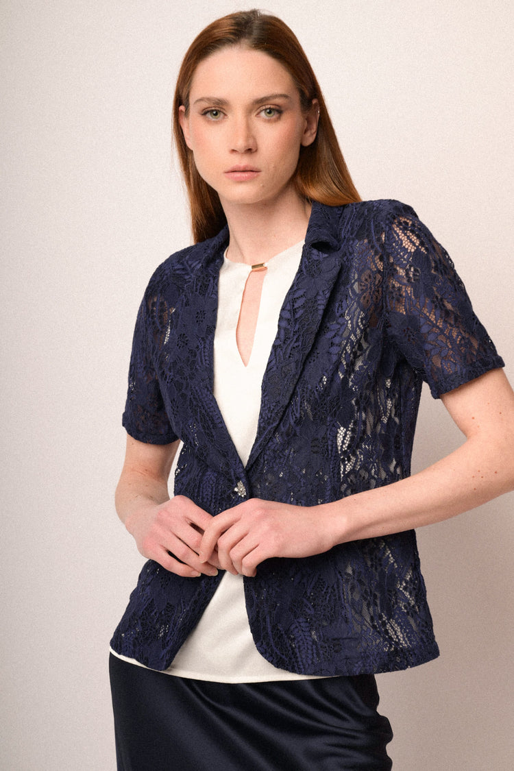 Blazer a maniche corte in pizzo blu