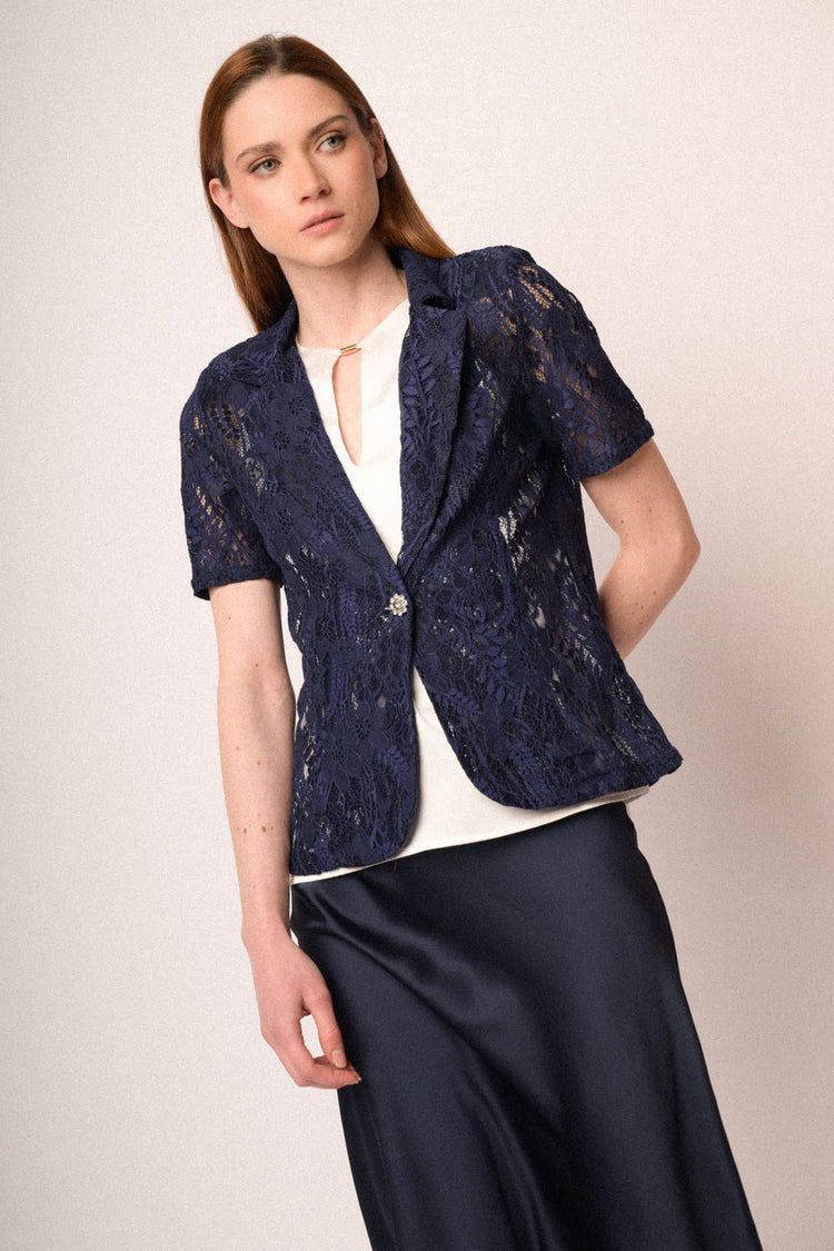 Blazer a maniche corte in pizzo blu