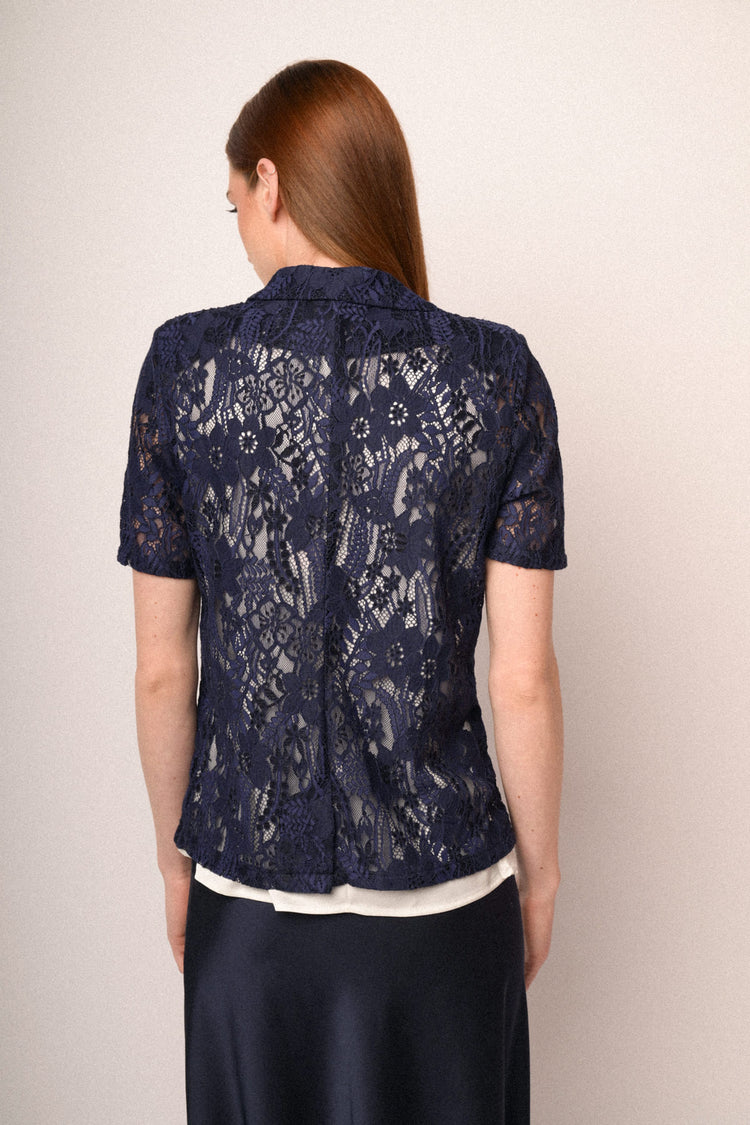 Blazer a maniche corte in pizzo blu