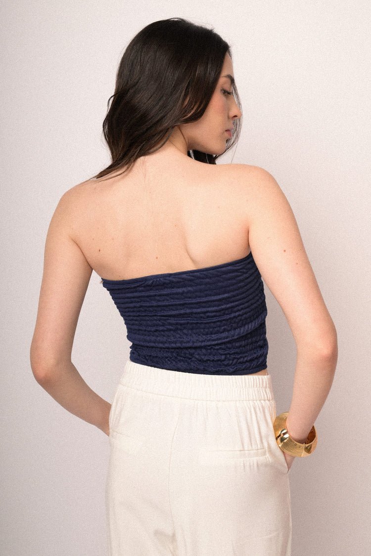 Top a bustier in tulle blu