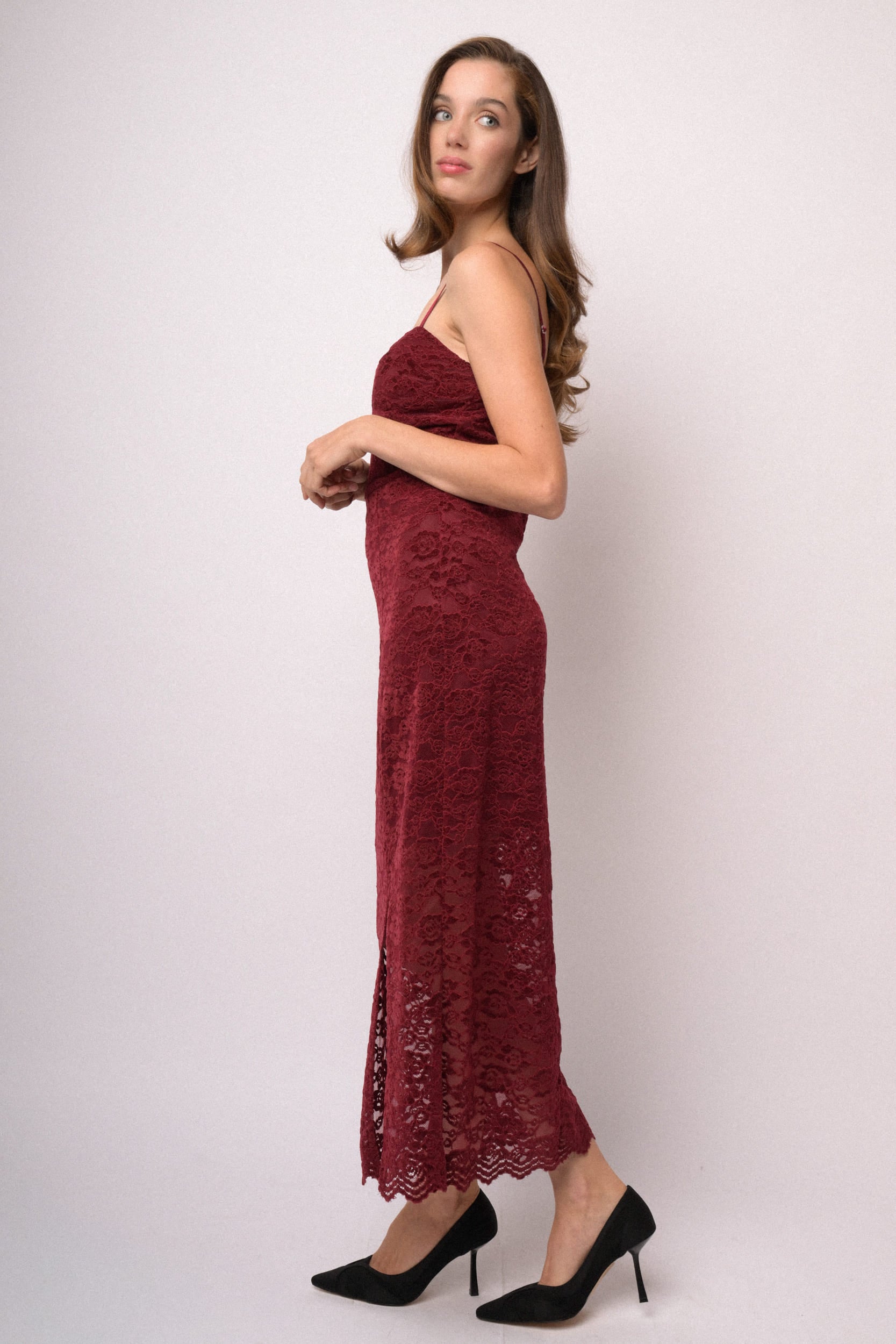 Abito midi in pizzo cinigliato bordeaux