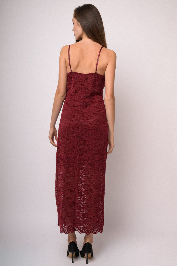 Abito midi in pizzo cinigliato bordeaux