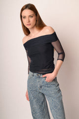 Top a doppio strato in tulle blu