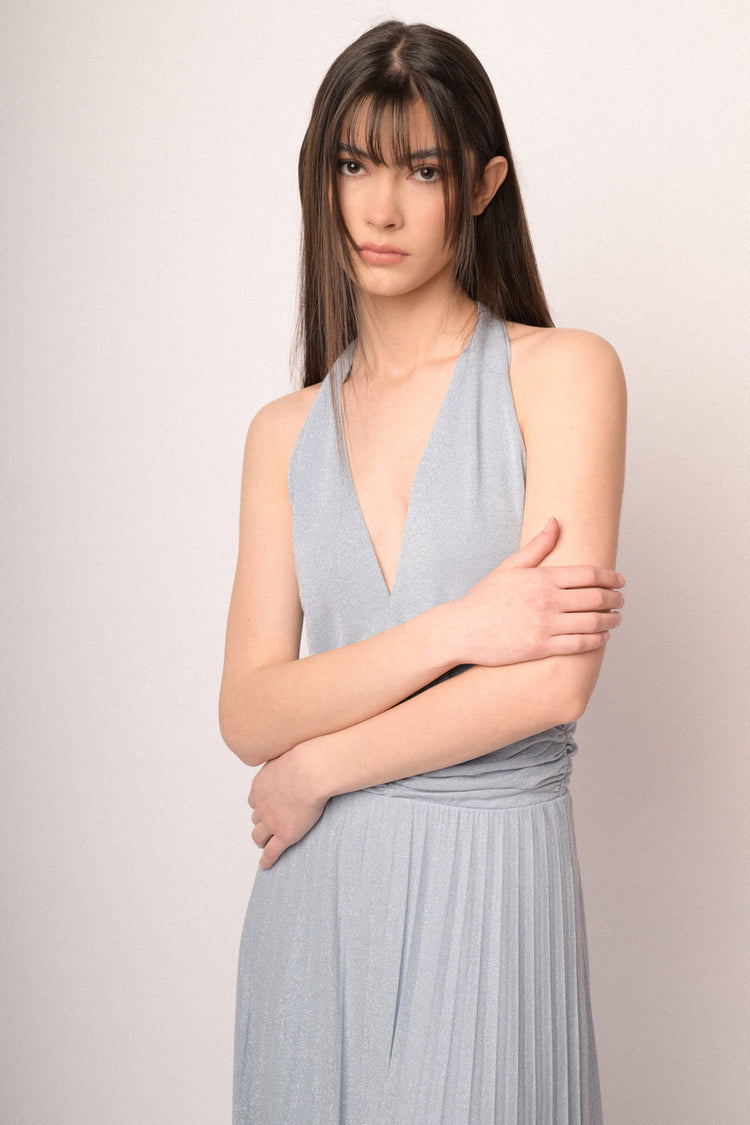 Abito lungo in maglia plissé lurex celeste