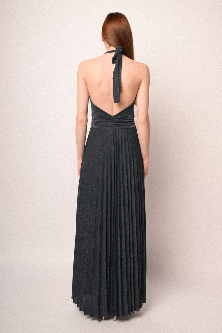 Abito lungo in maglia plissé lurex blu notte