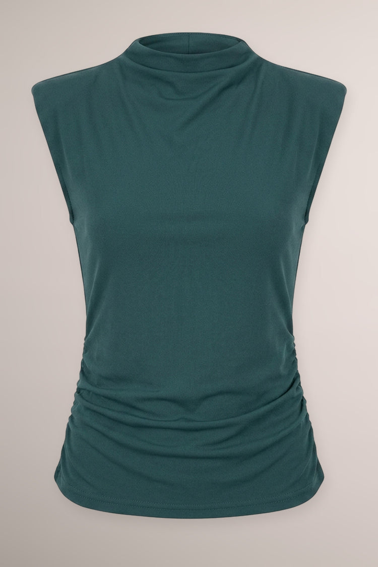 Top in jersey verde petrolio con arricciatura