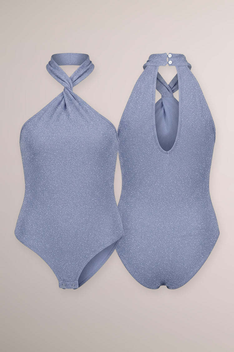 Body halter-neck in jersey glitter azzurro