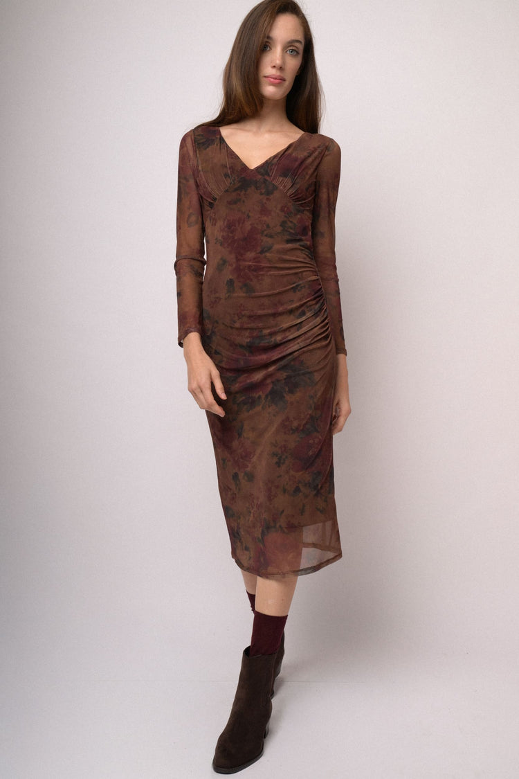 Abito midi in tulle stampato marrone e bordeaux
