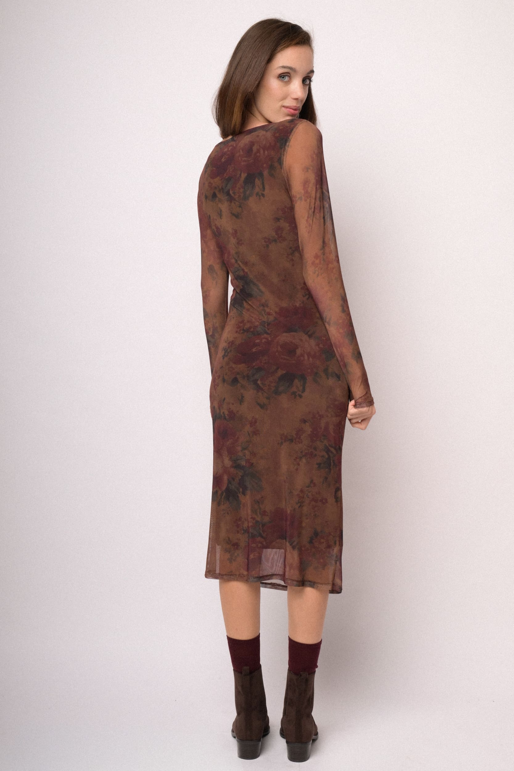 Abito midi in tulle stampato marrone e bordeaux