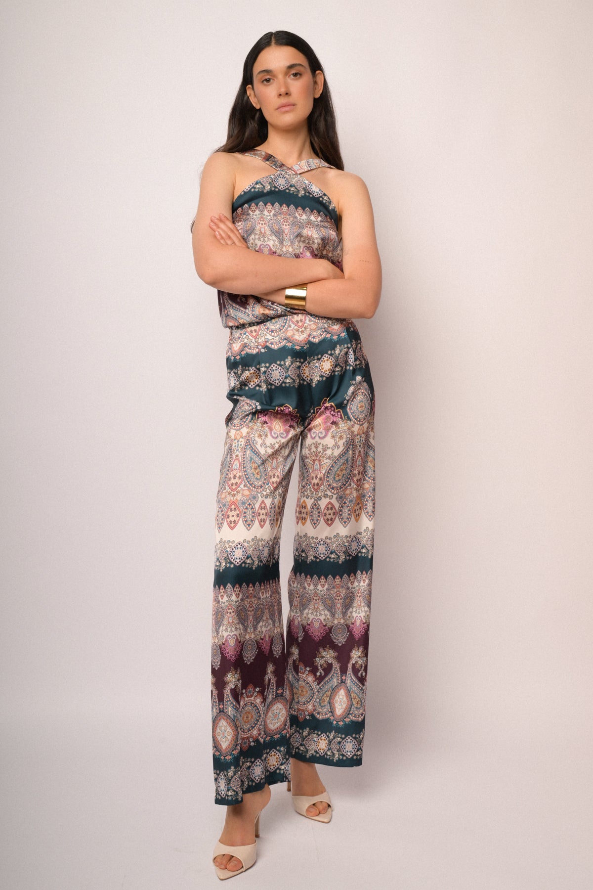 Pantaloni palazzo morbidi con stampa paisley multicolor