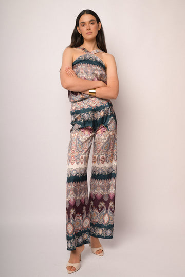 Pantaloni palazzo morbidi con stampa paisley multicolor