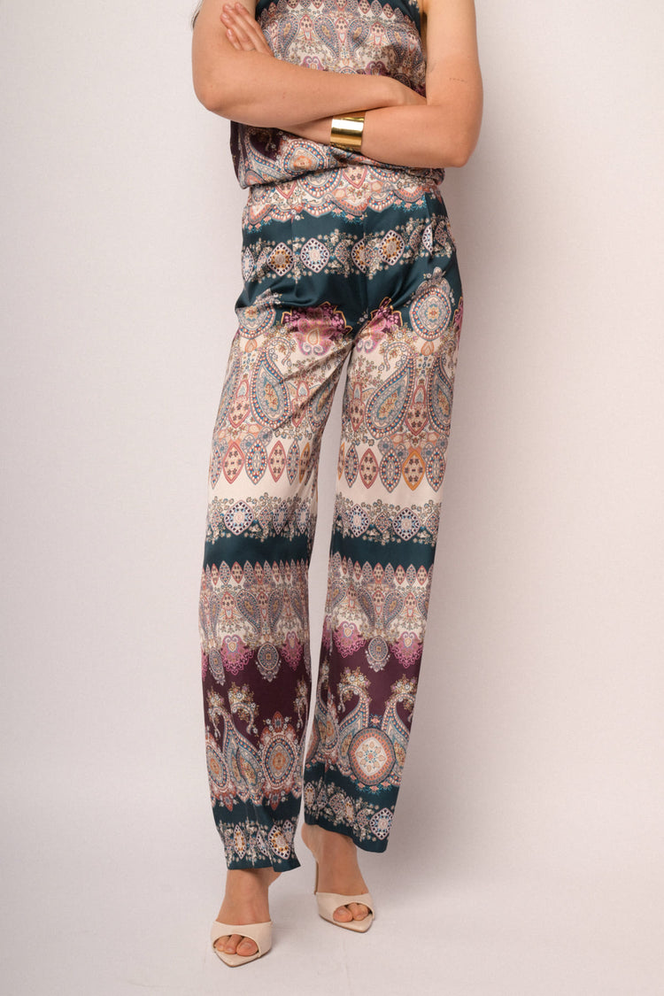Pantaloni palazzo morbidi con stampa paisley multicolor