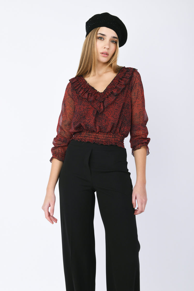 Blusa con rouches a stampa leopardata