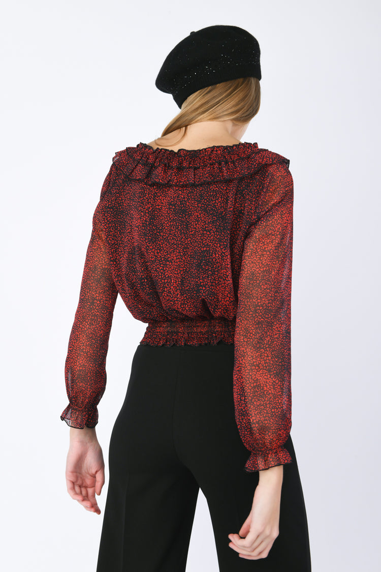 Blusa con rouches a stampa leopardata