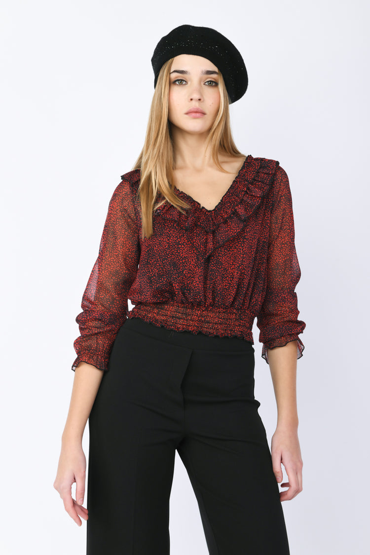 Blusa con rouches a stampa leopardata