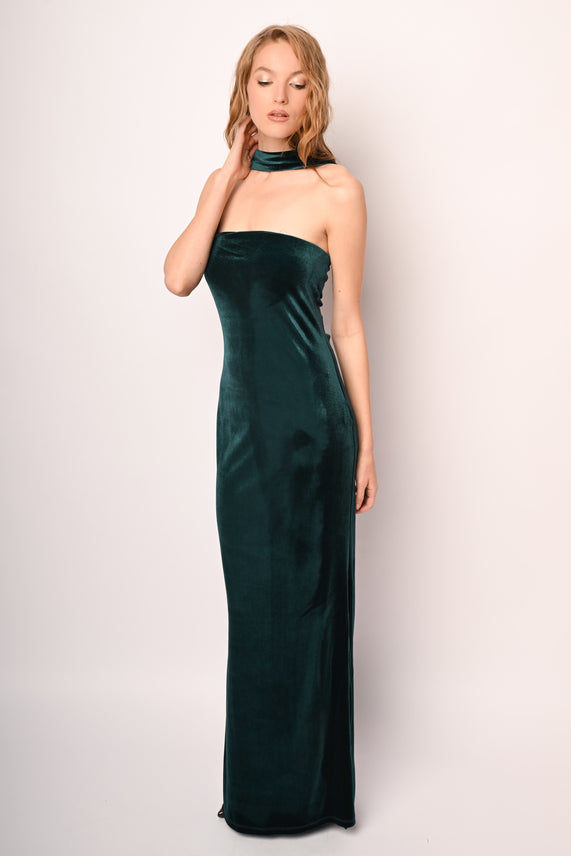 Abito lungo in velluto con fascia