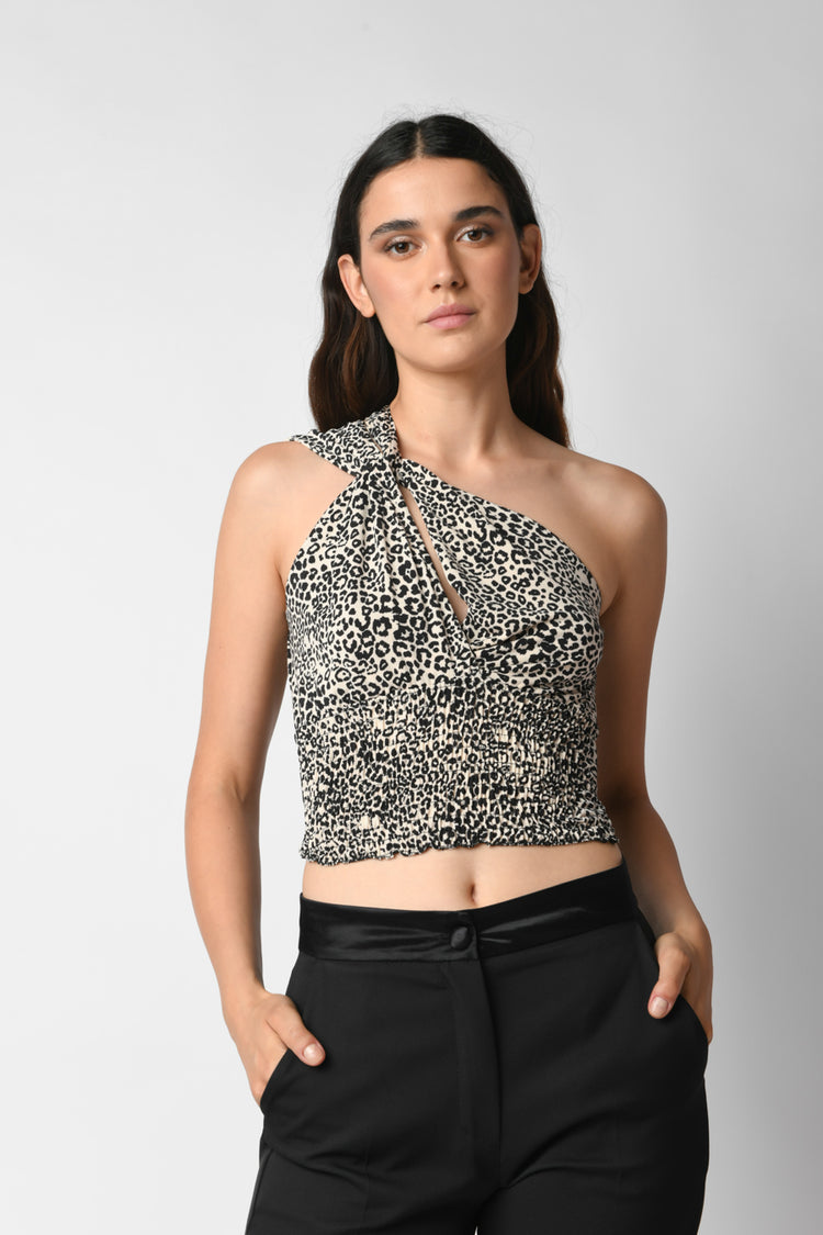 Top monospalla a stampa leopardata