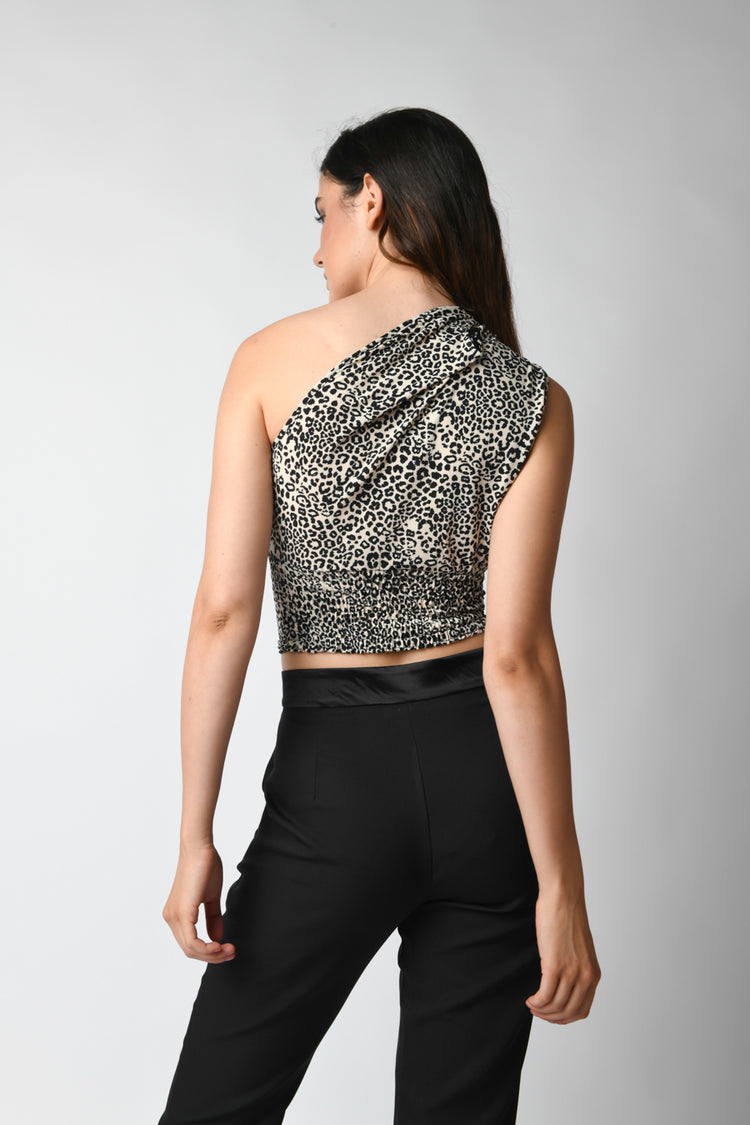 Top monospalla a stampa leopardata