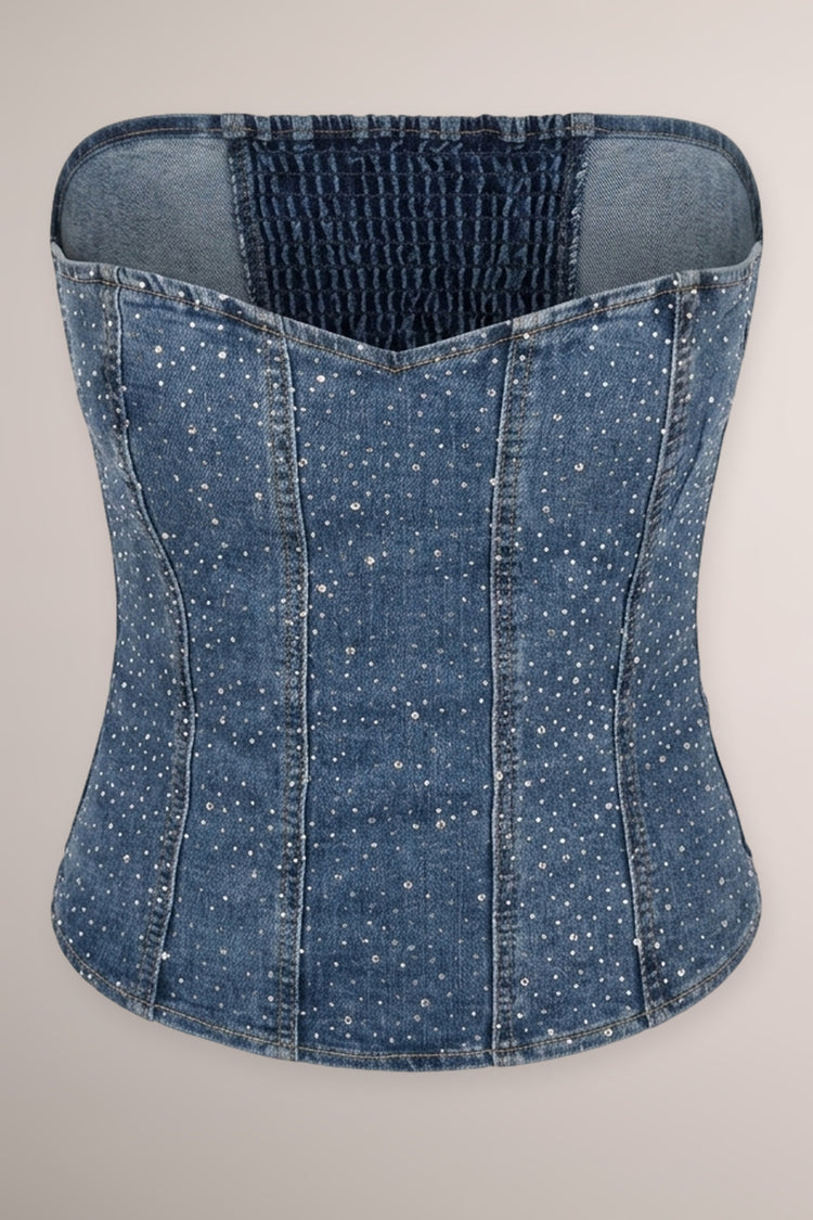 Bustier in denim blu con decorazione strass