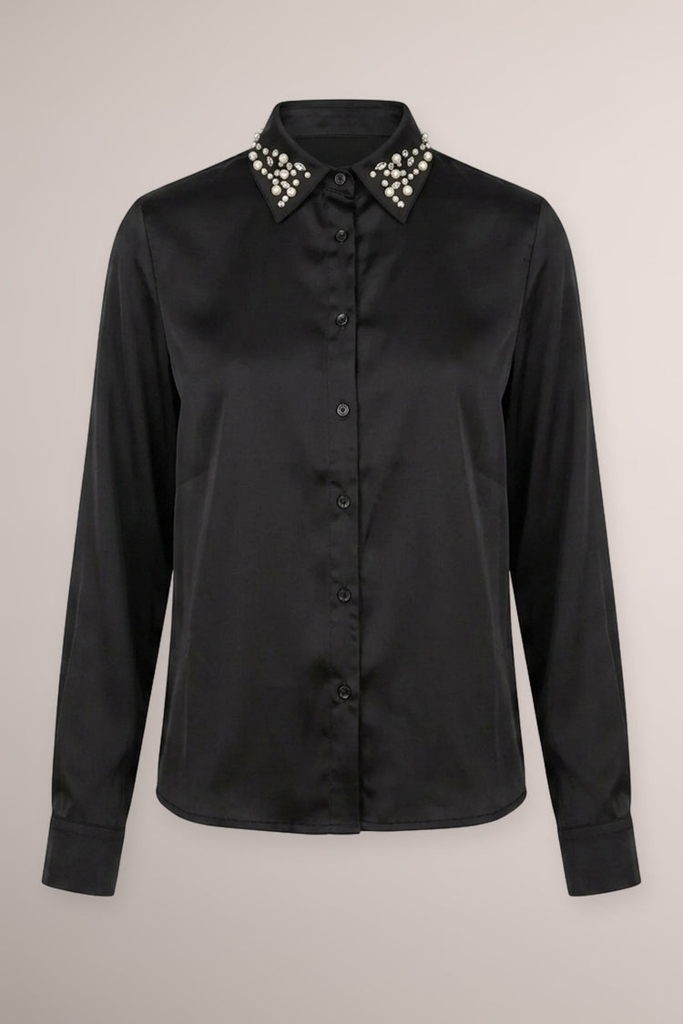 Camicia lucida nera con strass sul collo
