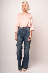 Jeans palazzo con pince e strass