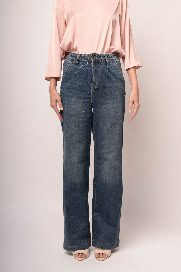 Jeans palazzo con pince e strass