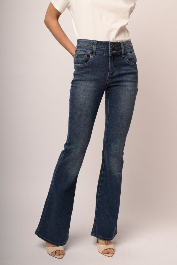 Jeans zampa scuro con scritte ricamate