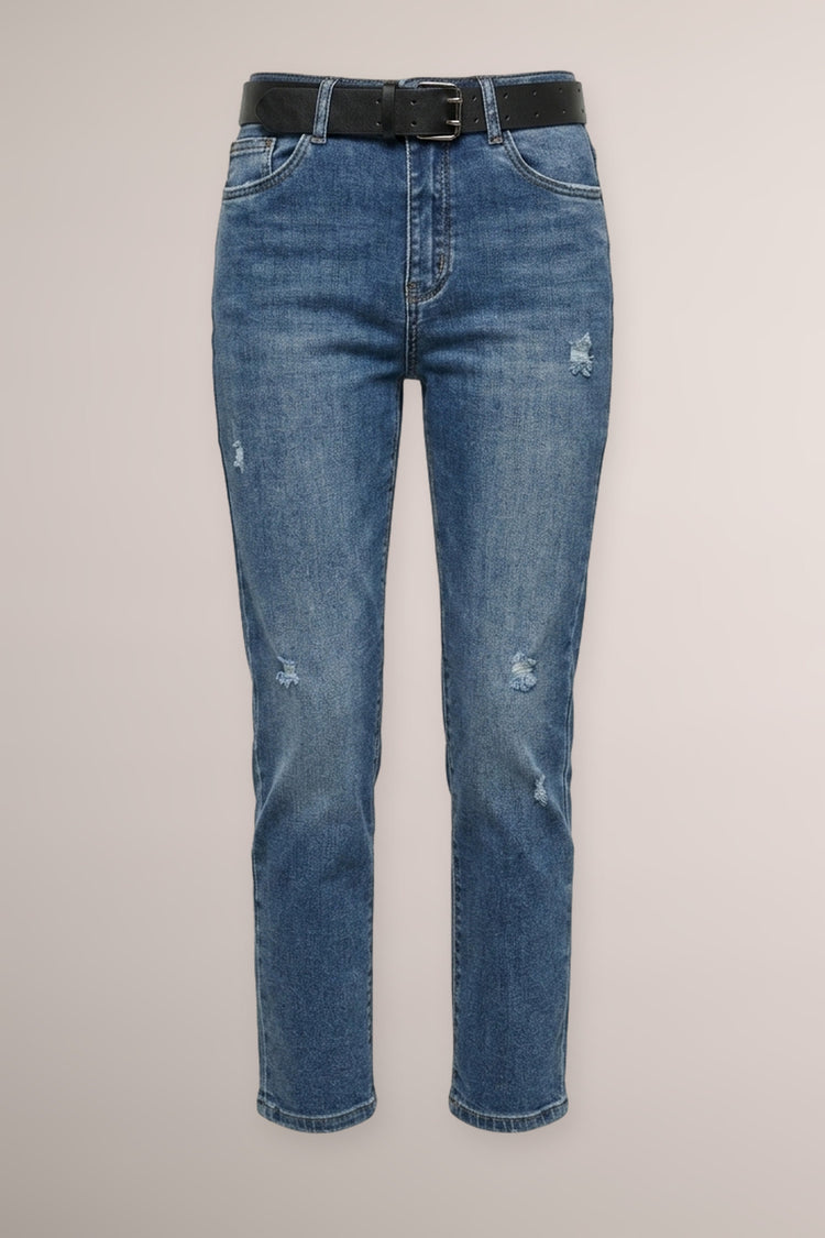 Jeans regular-fit in denim blu destroyed con cintura