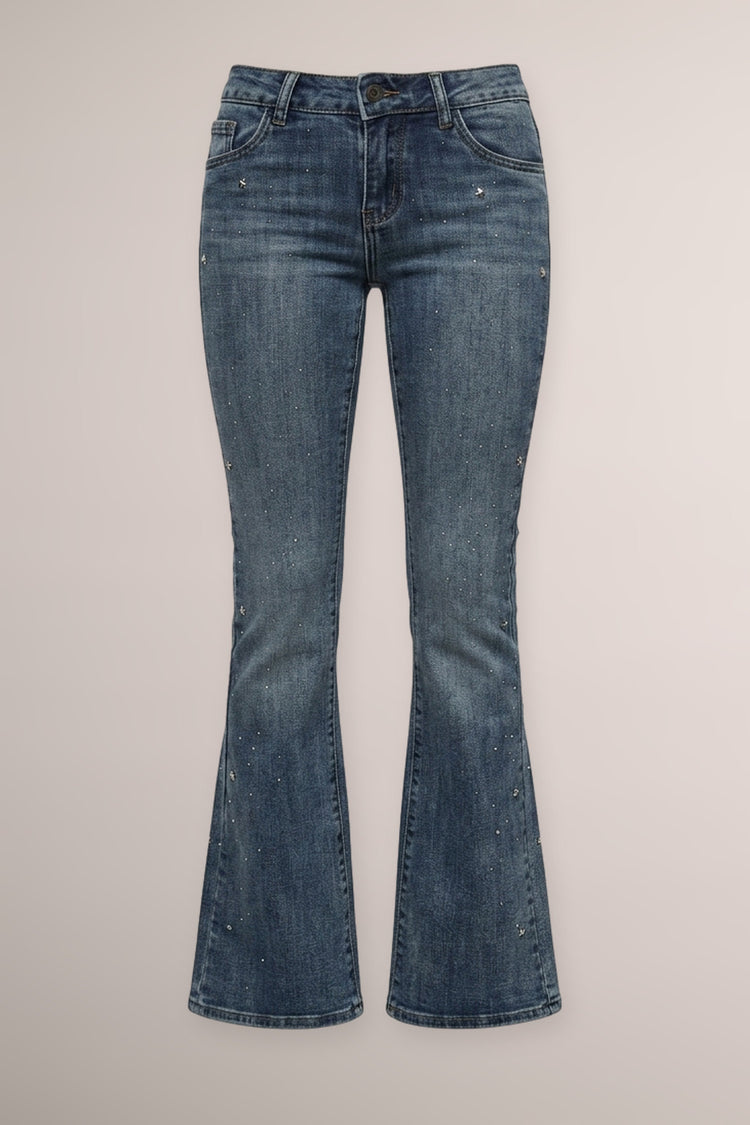 Jeans a zampa in denim blu con stelle e strass
