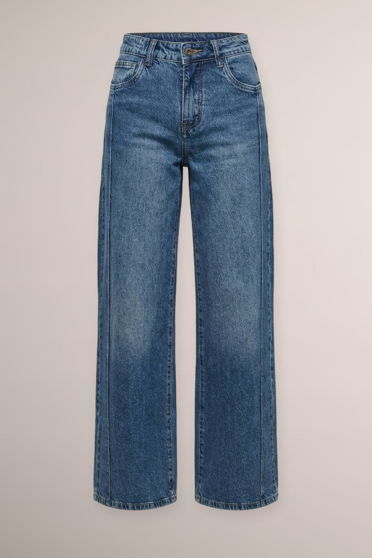 Jeans palazzo in denim blu con nervature laterali