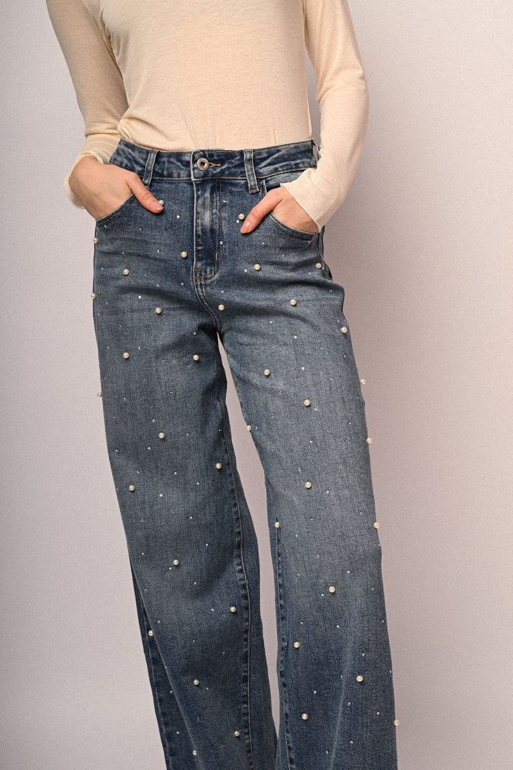 Jeans wide-leg con perle e strass