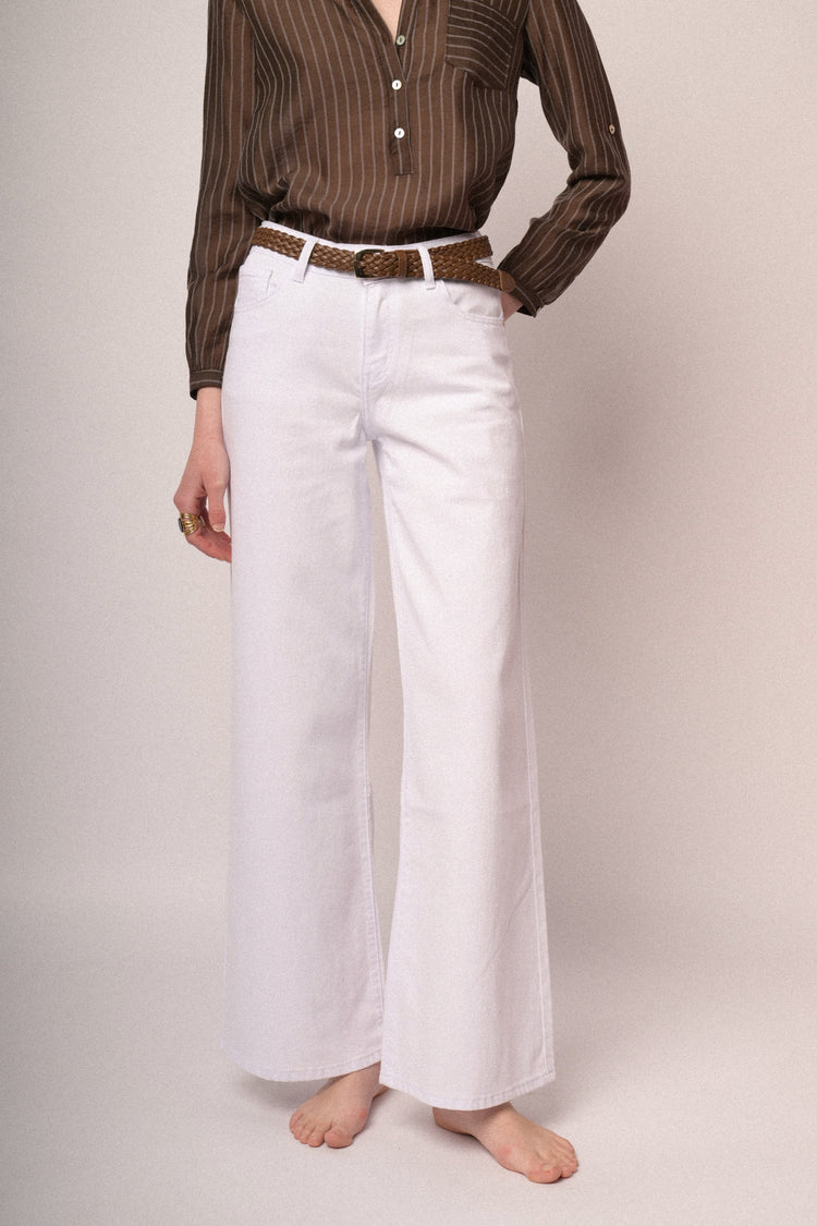 Pantaloni wide-leg in drill bianco con cintura