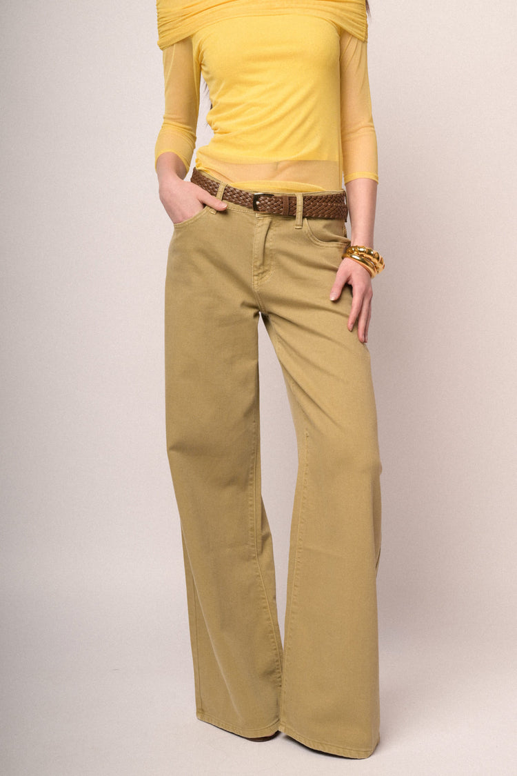 Pantaloni wide-leg in drill ocra con cintura