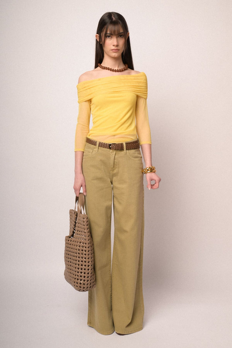 Pantaloni wide-leg in drill ocra con cintura