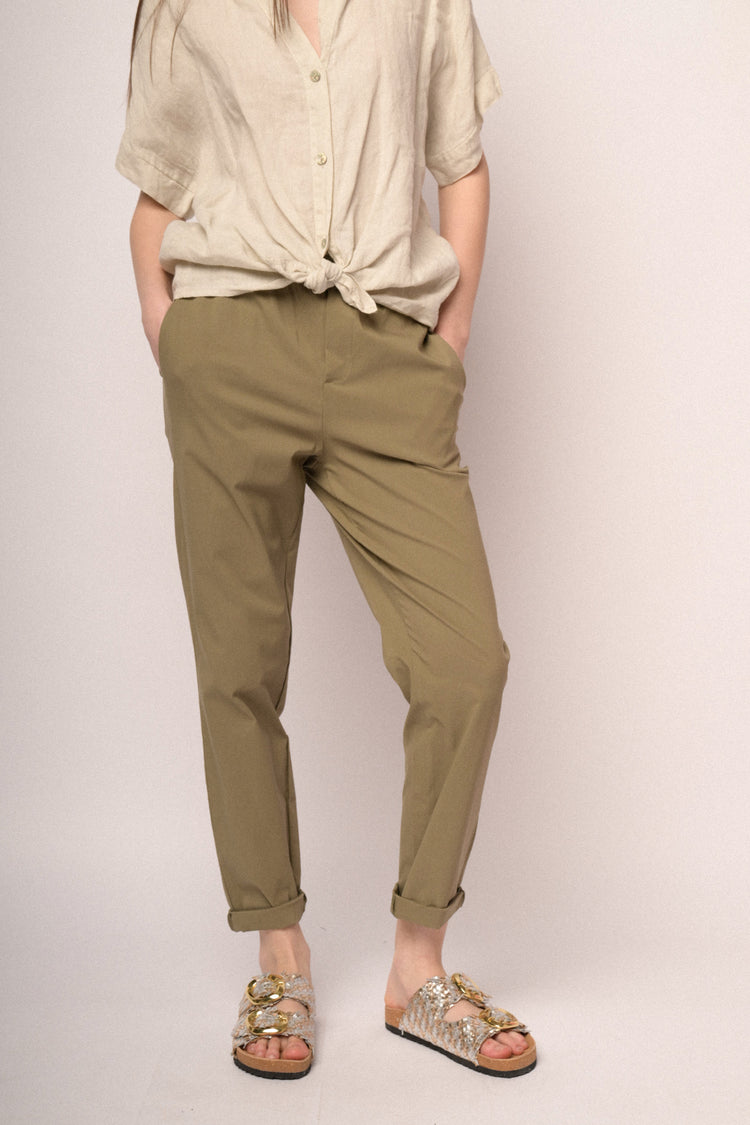 Pantaloni baggy con risvolto misto viscosa kaki